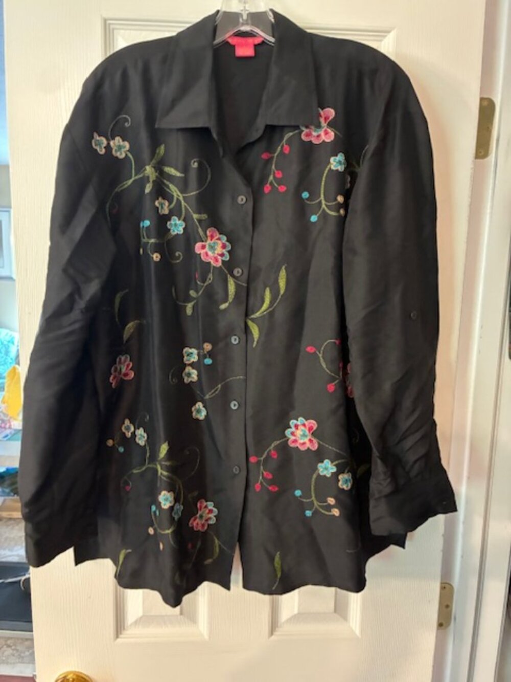Sunny Leigh Women's 100% Silk Black Long Sleeve Embroidered Shirt Blouse Sz L